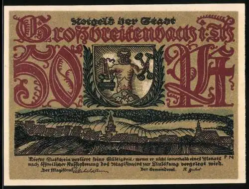 Notgeld Grossbreitenbach, 50 Pfennig, Stadtwappen, Arbeiter der Glasindustrie