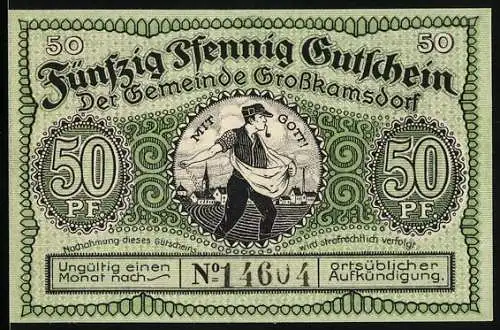 Notgeld Grosskamsdorf 1921, 50 Pfennig, Bauer auf dem Feld, Bergarbeiter