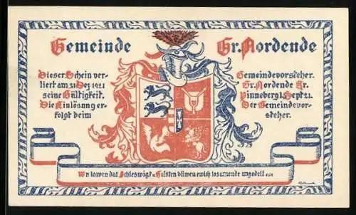 Notgeld Gr. Nordende, 50 Pfennig, Stadtwappen, Haus am Feld