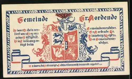 Notgeld Gr. Nordende, 25 Pfennig, Bauer und Bullen, Stadtwappen