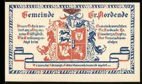 Notgeld Gr. Nordende, 75 Pfennig, Stadtwappen, Mann mit Pferden