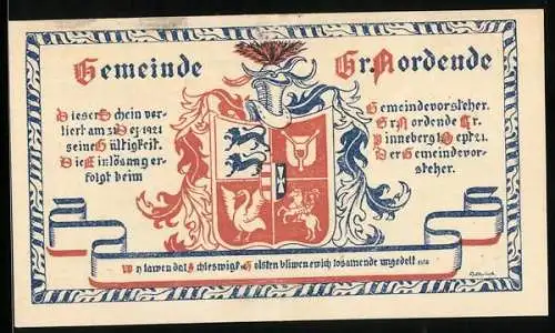 Notgeld Gr. Nordende, 1 Mark, Stadtwappen, Kühe auf der Weide