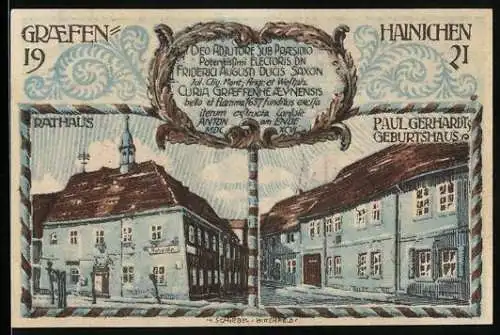Notgeld Gräfenhainichen 1921, 10 Pfennig, Rathaus, Paul Gerhardts Geburtshaus