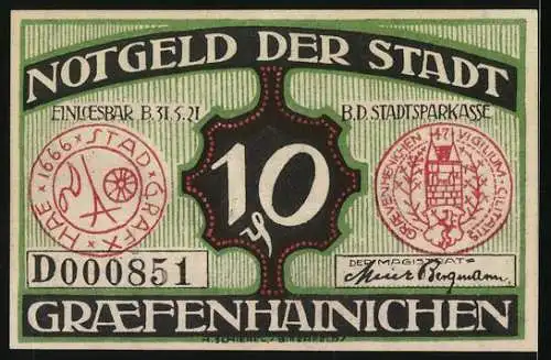 Notgeld Gräfenhainichen 1921, 10 Pfennig, Rathaus, Paul Gerhardts Geburtshaus