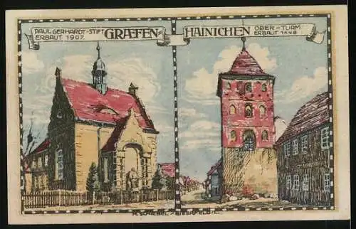 Notgeld Gräfenhainichen 1921, 25 Pfennig, Paul Gerhardt-Stift, Ober-Turm