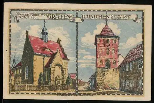 Notgeld Gräfenhainichen 1921, 25 Pfennig, Ober-Turm, Paul Gerhardt-Stift