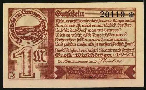Notgeld Gross-Wirschleben 1921, 1 Mark, Ortsansicht mit Kirche