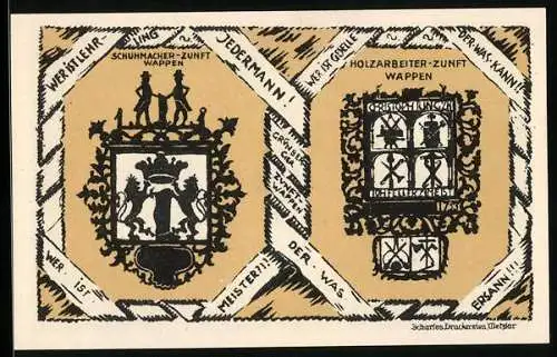Notgeld Grünberg i. H. 1922, 75 Pfennig, Schuhmacher-Zunft Wappen, Holzarbeiter-Zunft Wappen