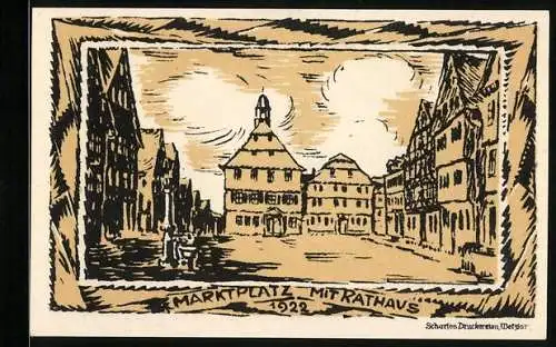 Notgeld Grünberg i. H. 1922, 1 Mark, Marktplatz mit Rathaus