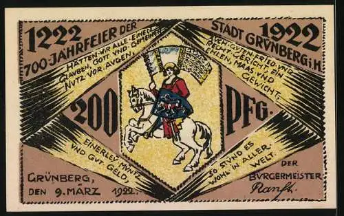 Notgeld Grünberg i. H. 1922, 2 Mark, Fleischer mit Wurst