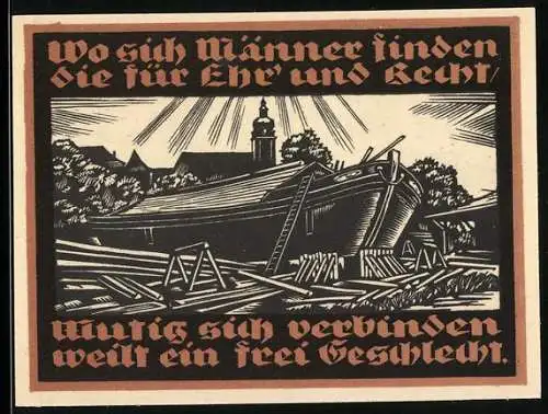 Notgeld Genthin 1921, 50 Pfennig, Bau eines Schiffes