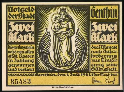 Notgeld Genthin 1921, 2 Mark, Denkmal und Kirche