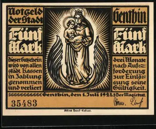 Notgeld Genthin 1921, 5 Mark, Heilige Madonna mit Kind auf dem Arm, Ortspartie mit Kirche