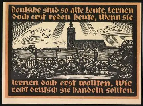 Notgeld Genthin 1921, 5 Mark, Heilige Madonna mit Kind auf dem Arm, Ortspartie mit Kirche