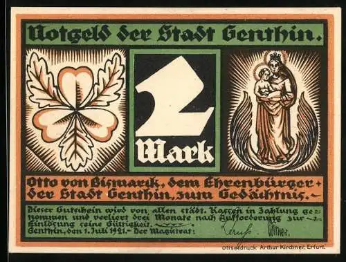 Notgeld Genthin 1921, 2 Mark, Heilige Madonna, Kleeblatt, Magistrat