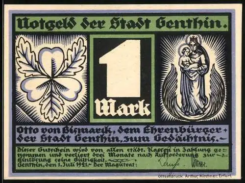 Notgeld Genthin 1921, 1 Mark, Kleeblatt, Heilige Madonna