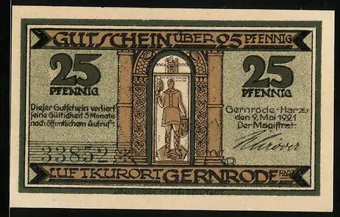 Notgeld Gernrode 1921, 25 Pfennig, Ritter mit Schild, Kirche