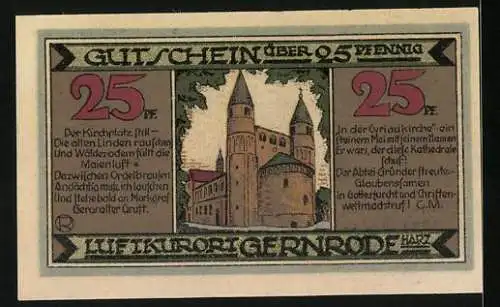 Notgeld Gernrode 1921, 25 Pfennig, Ritter mit Schild, Kirche