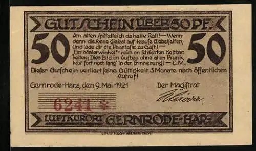 Notgeld Gernrode 1921, 50 Pfennig, Ortsansicht mit Brücke