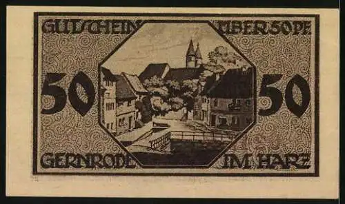 Notgeld Gernrode 1921, 50 Pfennig, Ortsansicht mit Brücke