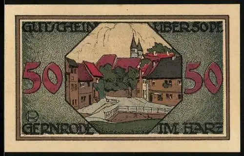Notgeld Gernrode 1921, 50 Pfennig, Ortspartie mit Brücke