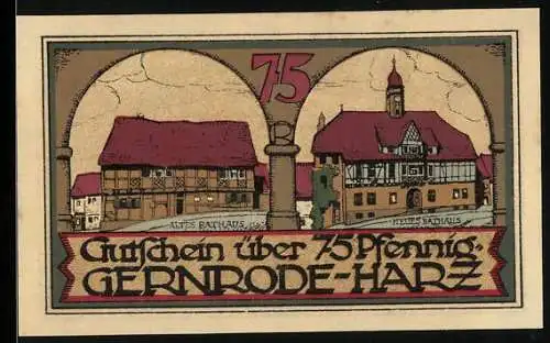 Notgeld Gernrode 1921, 75 Pfennig, Altes Rathaus, Neues Rathaus