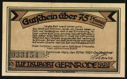 Notgeld Gernrode 1921, 75 Pfennig, Altes Rathaus, Neues Rathaus