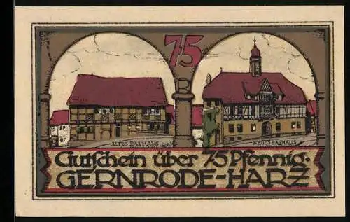 Notgeld Gernrode 1921, 75 Pfennig, Altes u. neues Rathaus