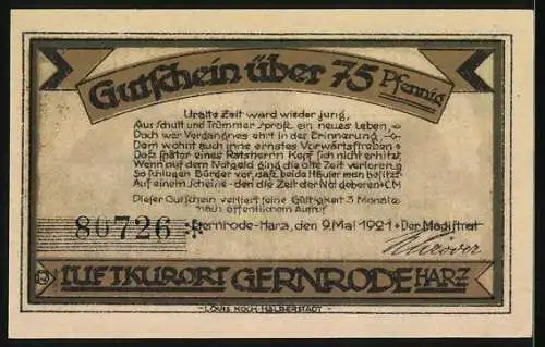 Notgeld Gernrode 1921, 75 Pfennig, Altes u. neues Rathaus