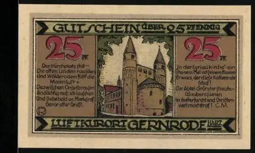 Notgeld Gernrode 1921, 25 Pfennig, Ansicht der Kirche