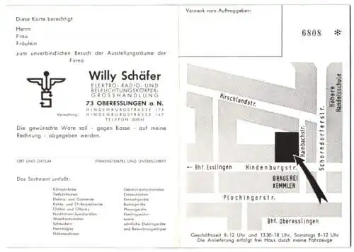 Vertreterkarte Oberesslingen a. N., Elektro- und Radio-Grosshandlung Willy Schäfer, Hindenburgstrasse 173, Anfahrtskizze