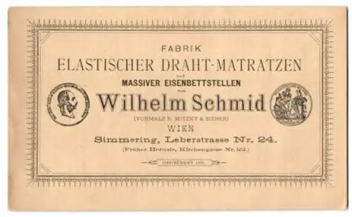 Vertreterkarte Wien, Simmering, Fabrik elastischer Draht-Matratzen Wilhelm Schmid, Leberstrasse 24