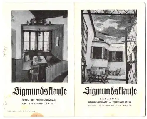 Vertreterkarte Salzburg, Sigmundsklause, Bes. Hilde u. Engelbert Kindler, Siegmundsplatz