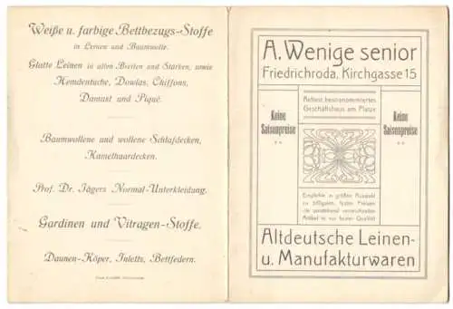 Vertreterkarte Friedrichroda, Altdeutsche Leinen- u. Manufakturwaren A. Wenige senior, Kirchgasse 15