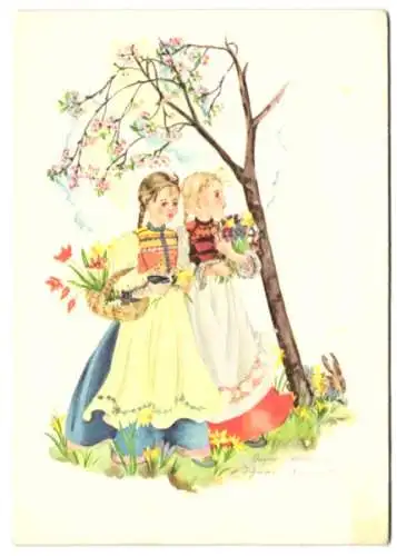 Vertreterkarte Schwarz-Touristen-Karten, Mädel in Tracht mit Blumen