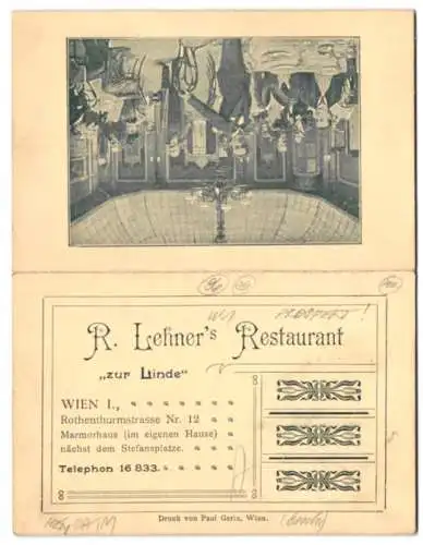 Vertreterkarte Wien, R. Lehners Restaurant zur Linde, Rothenturmstrasse 12