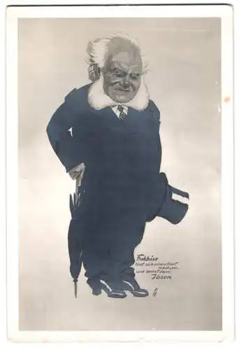 Fotografie Henrik Ibsen Karikatur, Frohböse lässt sich einen Bart wachsen & heisst dann Ibsen, Rückseitig Autograph