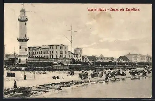 AK Warnemünde, Leuchtturm mit Strand