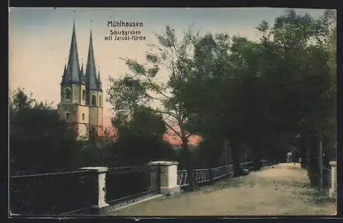 AK Mühlhausen i. Th., Schiessgraben mit Jakobkirche