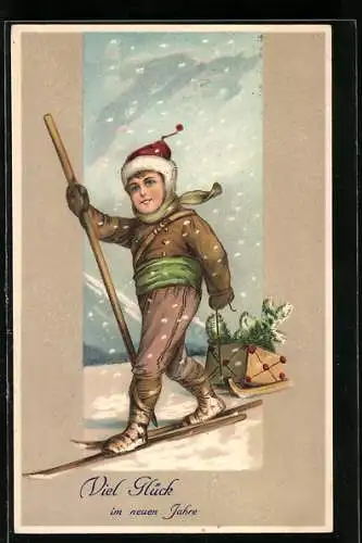 Präge-AK Kind mit Geschenk auf Skiern