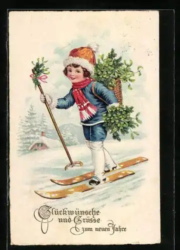 Künstler-AK Junge mit Kleeblättern fährt Ski