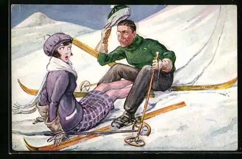 AK Junge Frau und Mann treffen beim Skifahren aufeinander, auf den Hintern gefallen
