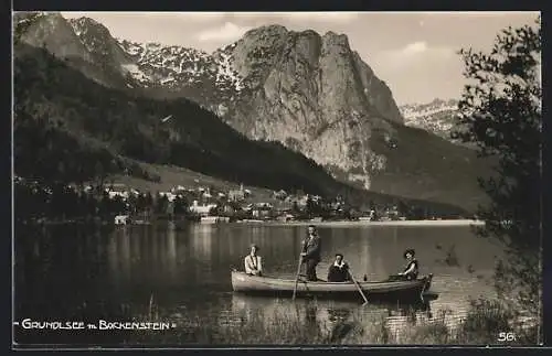 AK Grundlsee, Ruderer auf dem See mit Backenstein