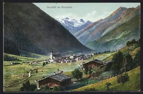 AK Neustift i. Stubaital, Ortsansicht mit Gebirgspanorama