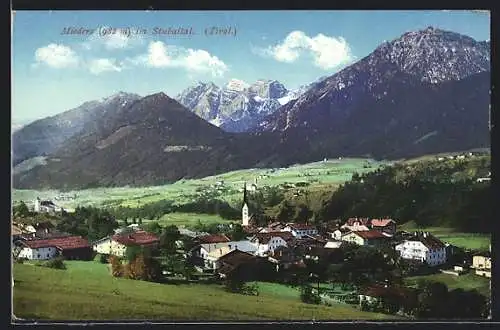 AK Mieders im Stubaital, Ortsansicht vor Bergpanorama