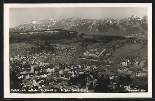 AK Feldkirch /Vorarlberg, Ortsansicht mit den Schweizer Bergen aus der Vogelschau