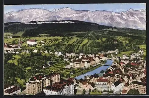 AK Feldkirch, Ortsansicht mit den Schweizer Bergen