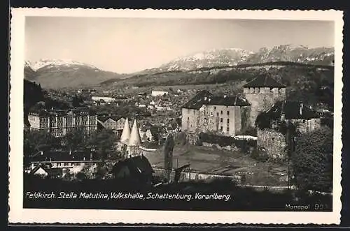 AK Feldkirch, Ortspartie mit Reichsfinanzschule, Volkshalle und Schattenburg