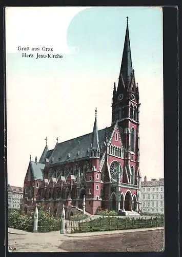 AK Graz, Herz-Jesu-Kirche, von der Strasse gesehen