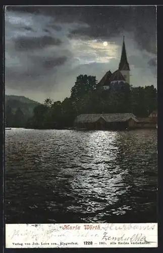 AK Maria Wörth, Kirche bei Vollmond vom Wasser betrachtet
